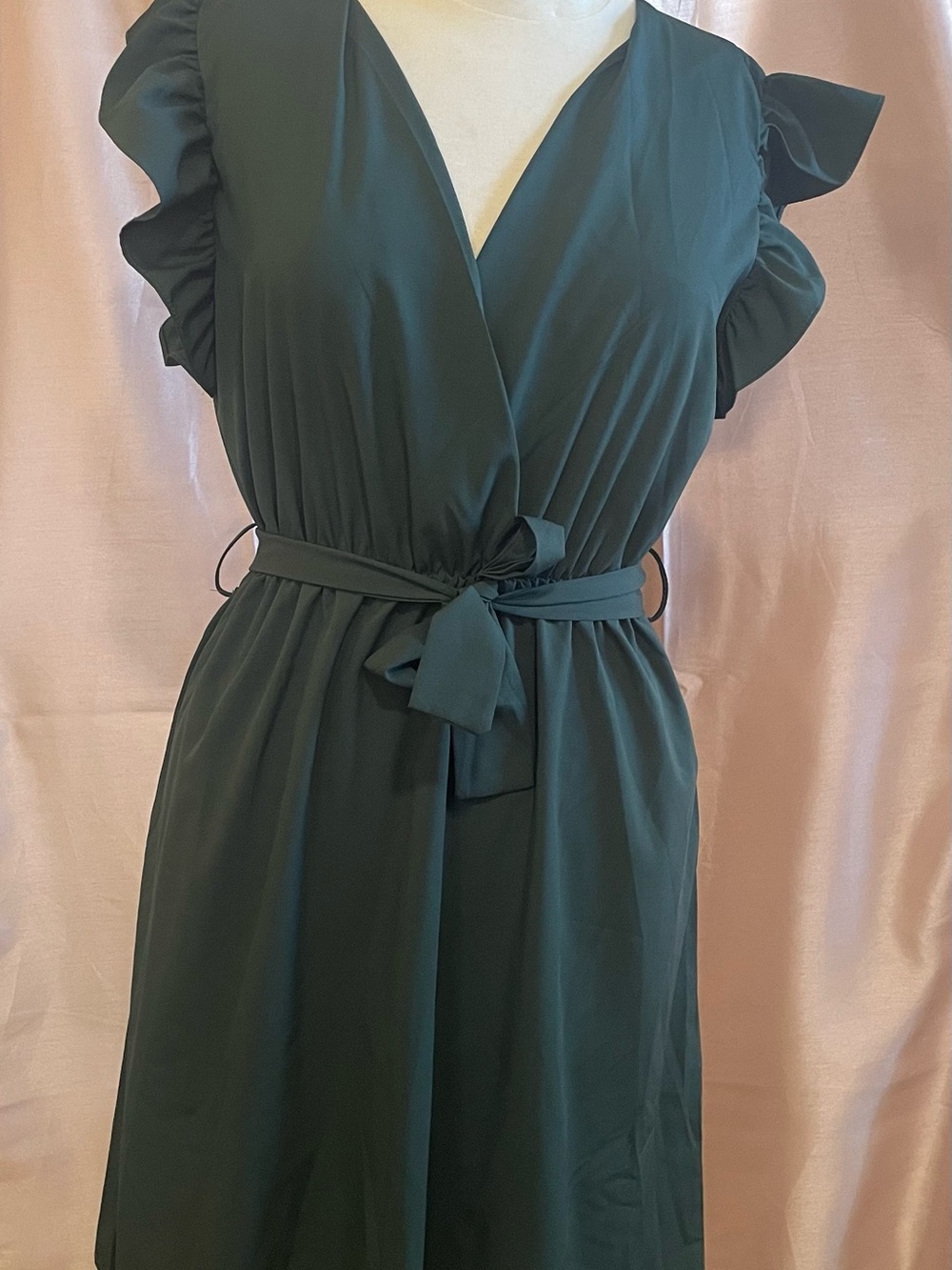 Faux Wrap Dress with Flutteri Sleeves in Deep Green - Picture 4 of 9